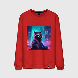 Свитшот хлопковый мужской Антропоморфный енот на фоне неонового киберпанк-го, цвет: красный