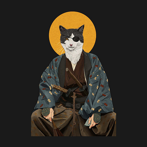 Мужской свитшот Samurai one - eyed cat / Черный – фото 3