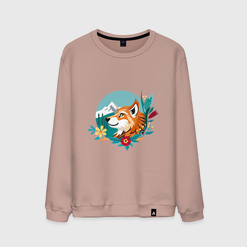 Мужской свитшот Лиса и горы среди цветов / Пыльно-розовый – фото 1