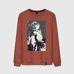 Свитшот хлопковый мужской Волк на фоне луны - мегаполис - нейросеть, цвет: кирпичный