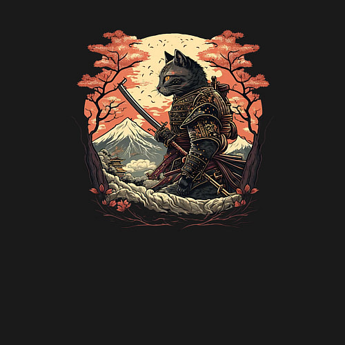 Мужской свитшот Японский самурайский кот / Черный – фото 3