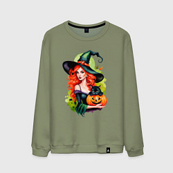 Свитшот хлопковый мужской Рыжая ведьма с тыквой и черным котом, цвет: авокадо