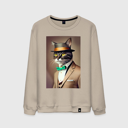 Мужской свитшот Портрет кота джентльмена в шляпе / Миндальный – фото 1