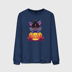 Свитшот хлопковый мужской Милый котик и тыква - Хэллоуин, цвет: тёмно-синий