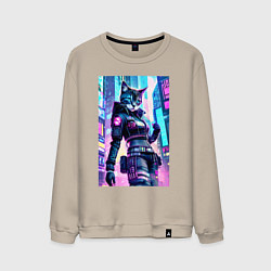 Свитшот хлопковый мужской Крутая кошечка - киберпанк - нейросеть, цвет: миндальный