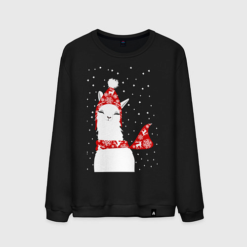 Мужской свитшот Лама - альпака в шапочке и шарфе / Черный – фото 1
