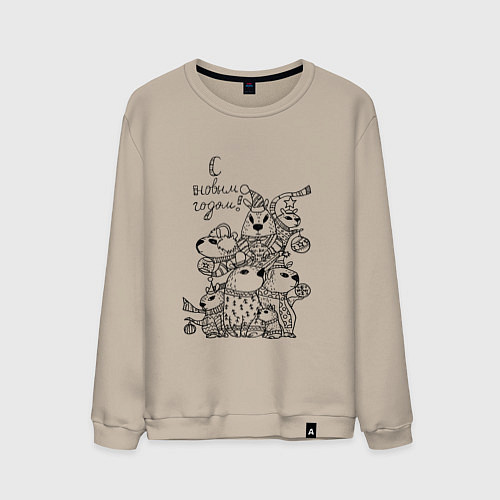 Мужской свитшот Новогодняя семья капибары - раскраска / Миндальный – фото 1