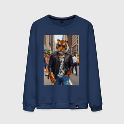 Свитшот хлопковый мужской Cool tiger on the streets of New York - ai art, цвет: тёмно-синий