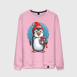 Свитшот хлопковый мужской Пингвин с новогодним подарком, цвет: светло-розовый
