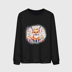 Свитшот хлопковый мужской Милый большеухий лисенок сидит в цветах, цвет: черный