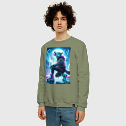 Свитшот хлопковый мужской Cyber wolf in metropolis - ai art, цвет: авокадо — фото 2