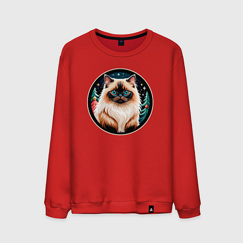 Мужской свитшот Гималайский кот ждет Новый Год / Красный – фото 1