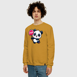 Свитшот хлопковый мужской Милая панда со знаком стоп, цвет: горчичный — фото 2