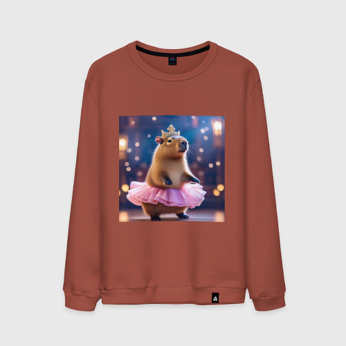 Мужской свитшот Мем капибара балерина в розовой юбочке и короне / Кирпичный – фото 1