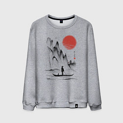 Свитшот хлопковый мужской Традиционный японский пейзаж с рыбаком и горами, цвет: меланж