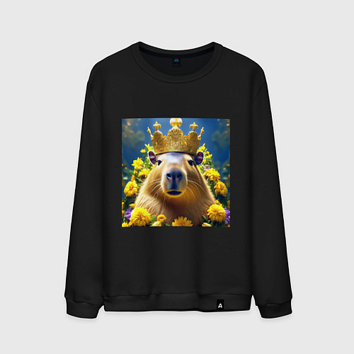 Мужской свитшот Мем капибара царь на троне и желтые цветы / Черный – фото 1