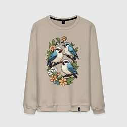 Мужской свитшот Три птицы на ветках в цветах