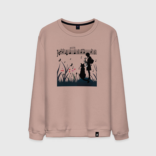 Мужской свитшот Девушка и кот или музыка для души / Пыльно-розовый – фото 1