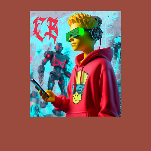 Мужской свитшот Bart Simpson - cyberpunk ai art / Кирпичный – фото 3