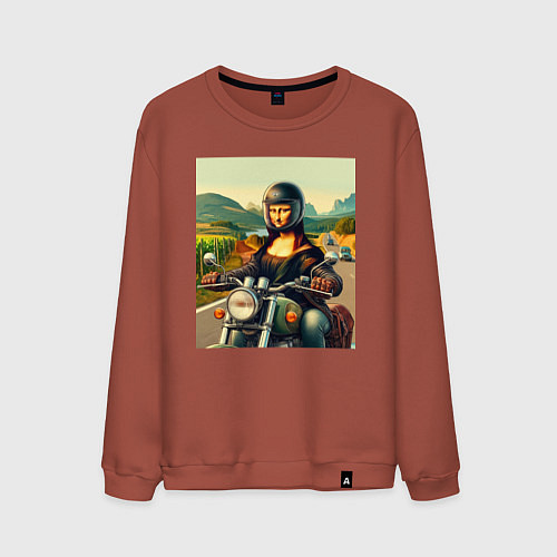 Мужской свитшот Mona Lisa on a motorcycle - ai art / Кирпичный – фото 1