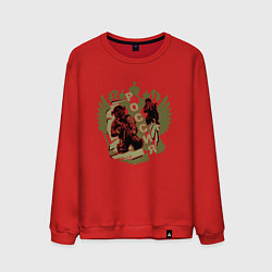 Мужской свитшот Герб России и воины на оливковом фоне