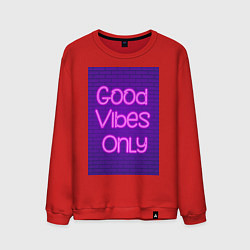 Свитшот хлопковый мужской Неоновая надпись good vibes only и кирпичная стена, цвет: красный