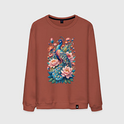 Свитшот хлопковый мужской Павлин среди цветов, цвет: кирпичный