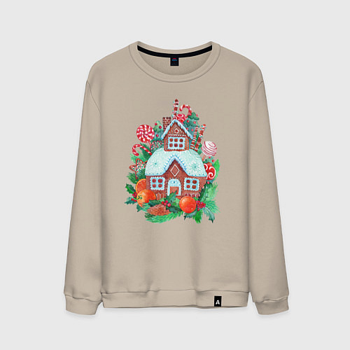 Мужской свитшот Пряничный домик со сладостями и фруктами / Миндальный – фото 1