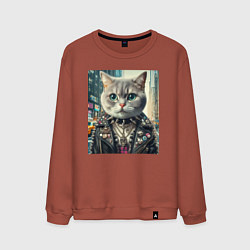 Свитшот хлопковый мужской Прикольный котик фанат тяжёлого рока - нейросеть, цвет: кирпичный