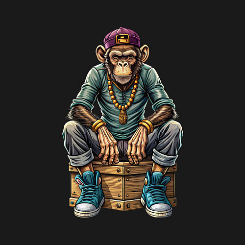 Мужской свитшот Обезьяна в хип-хоп стиле сидит на ящике / Черный – фото 3