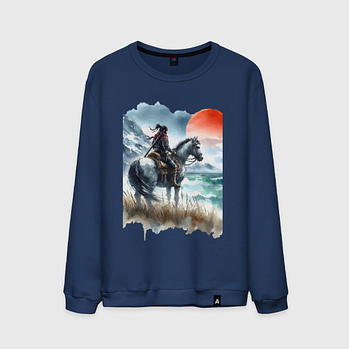 Мужской свитшот Японский самурай на коне - нейросеть / Тёмно-синий – фото 1