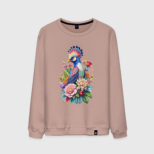 Мужской свитшот Шлемоносный турако среди цветов / Пыльно-розовый – фото 1