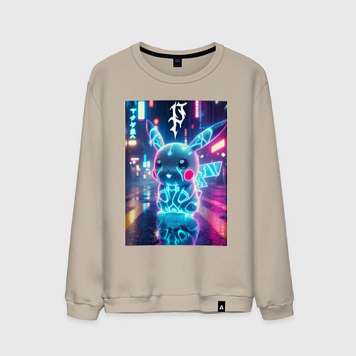 Мужской свитшот Маленький милый неоновый Пикачу - нейроарт / Миндальный – фото 1