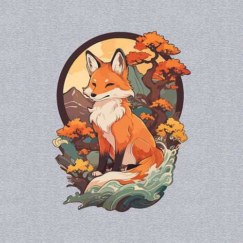Мужской свитшот Лиса в японском стиле на фоне гор / Меланж – фото 3