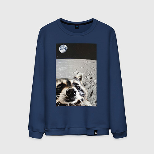 Мужской свитшот Енот на луне делает селфи / Тёмно-синий – фото 1