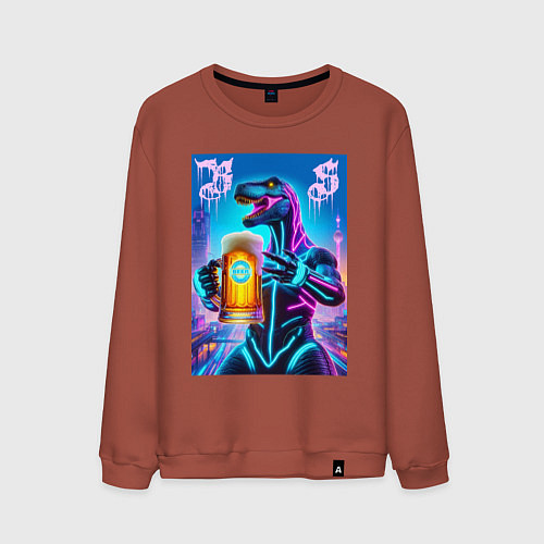 Мужской свитшот Neon beersaur in metropolis - ai art fantasy / Кирпичный – фото 1