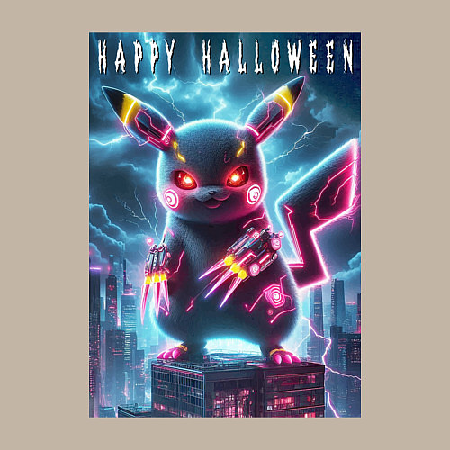 Мужской свитшот Pikachu with a cyber claws - halloween / Миндальный – фото 3