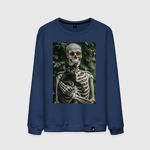 Мужской свитшот Скелет с черным котом / Тёмно-синий – фото 1