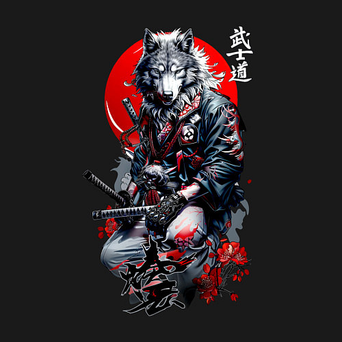 Мужской свитшот Волк самурай - гравюра / Черный – фото 3