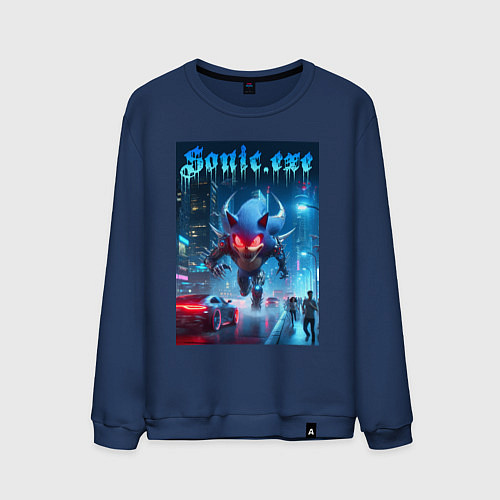 Мужской свитшот Ёжик монстр в ночном мегаполисе - неоновое свечени / Тёмно-синий – фото 1