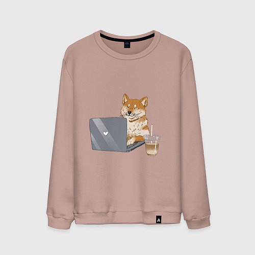 Мужской свитшот Собака Сиба ину печатает на ноутбуке с кофе / Пыльно-розовый – фото 1