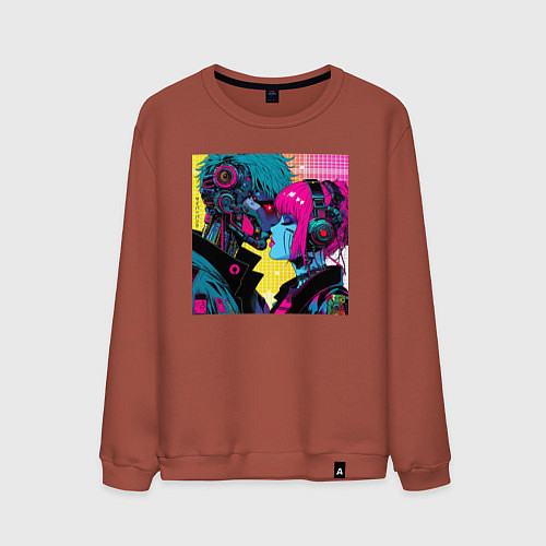 Мужской свитшот Cyber love - pop art fantasy / Кирпичный – фото 1