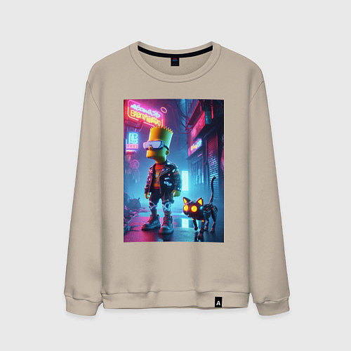 Мужской свитшот Барт Симпсон гуляет с роботом котом в ночном город / Миндальный – фото 1
