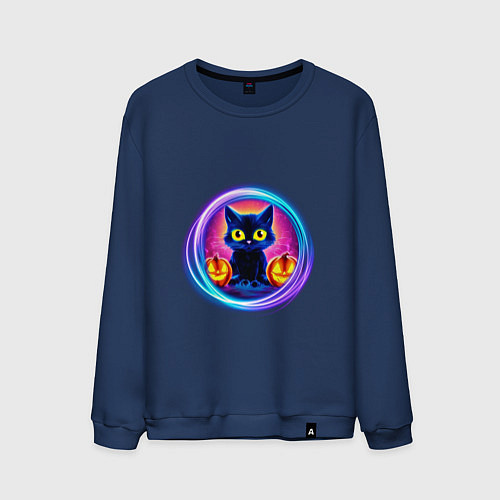 Мужской свитшот Кот неоновый с тыквами / Тёмно-синий – фото 1