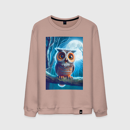 Мужской свитшот Милый совёнок на фоне луны - нейроарт фантазия / Пыльно-розовый – фото 1