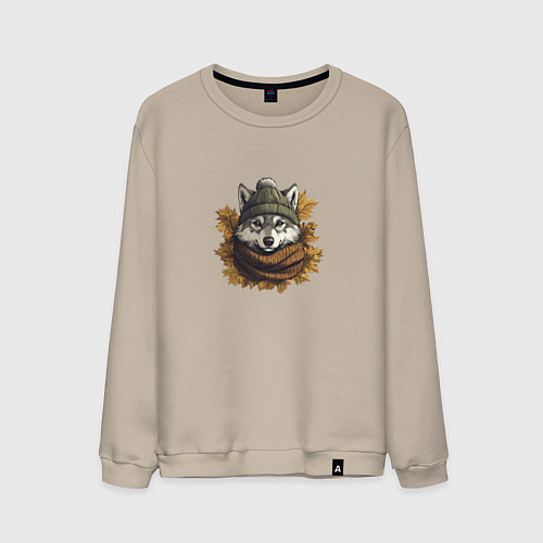 Мужской свитшот Серый волк в шапке и шарфе / Миндальный – фото 1