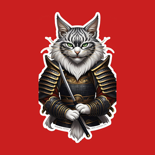 Мужской свитшот Серьезный кот самурай / Красный – фото 3