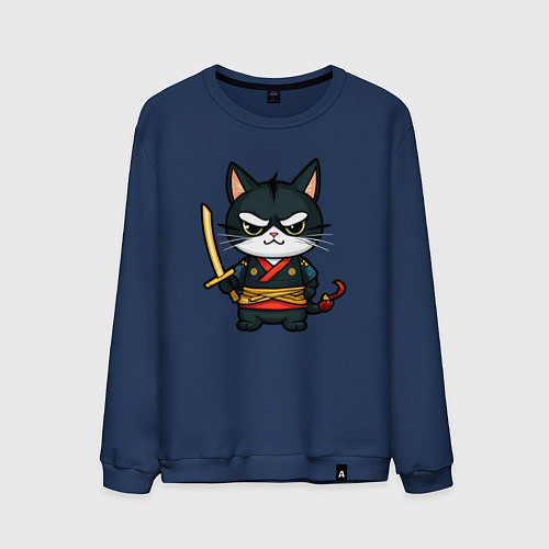 Мужской свитшот Смелый кот самурай / Тёмно-синий – фото 1