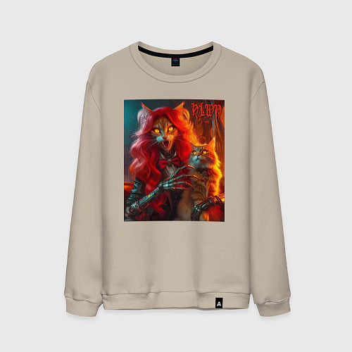 Мужской свитшот Ведьма с рыжим котом - хэллоуин / Миндальный – фото 1