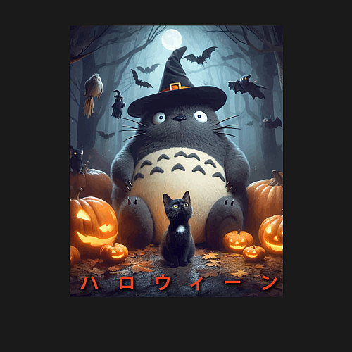 Мужской свитшот Totoro and black cat - halloween fantasy / Черный – фото 3